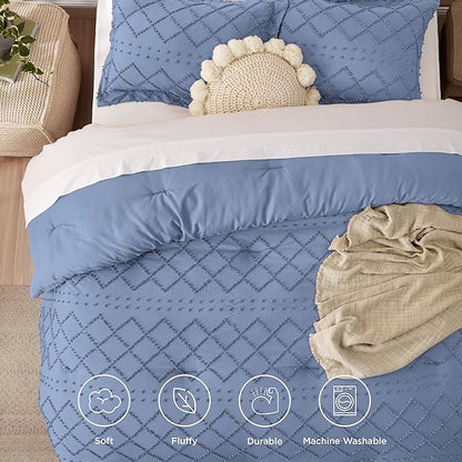 Bedsure Queen Comforter Set - Mineral Blue Comforter, Boho Tufted Shabby Chic Bedding Comforter Set, 3 Pieces Vintage Farmhouse Bed Set for All Seasons, Fluffy Soft Bedding Set with 2 Pillow Shams