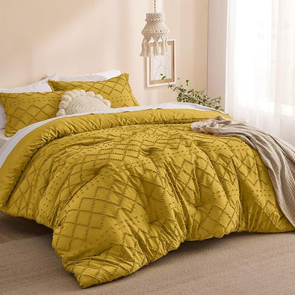 Bedsure Queen Comforter Set - Mustard Yellow Comforter, Boho Tufted Shabby Chic Bedding Comforter Set, 3 Pieces Vintage Farmhouse Bed Set for All Seasons, Fluffy Bedding Set with 2 Pillow Shams
