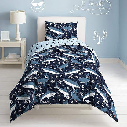 Dream Factory Sharks Boys Full Queen Size Boys Bedding Set Cotton Kids Comforter Set with Sham, 3 Piece, Full/Queen, Navy