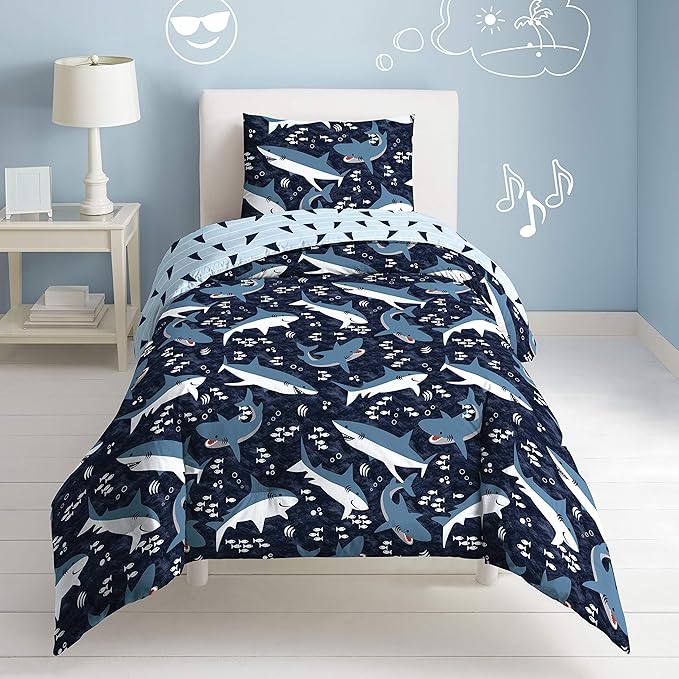 Dream Factory Sharks Boys Twin Size Boys Bedding Set Cotton Kids Comforter Set with Sham, 2 Piece, Twin, Navy
