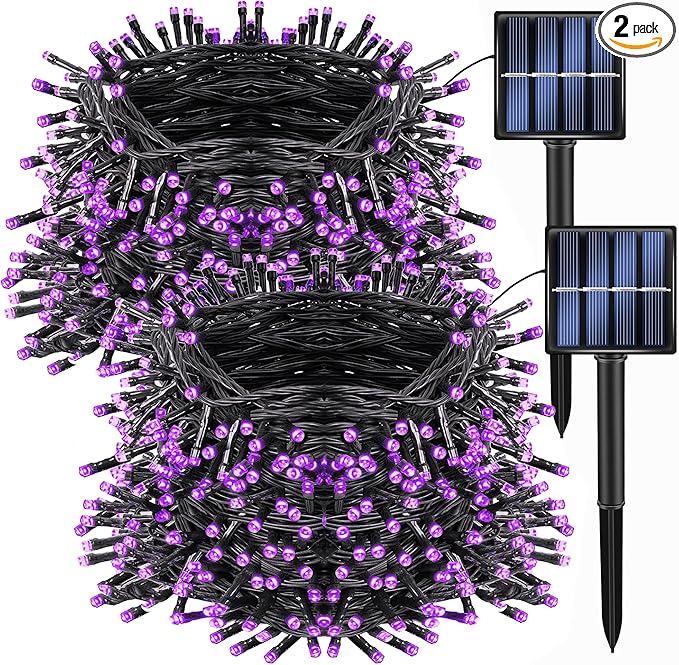 Dazzle Bright 2 Pack Total 400LED 132FT Halloween Solar String Outdoor Lights, Solar Powered with 8 Modes Waterproof Halloween Lights for Bedroom Patio Garden Tree Party Yard Decoration (Purple)