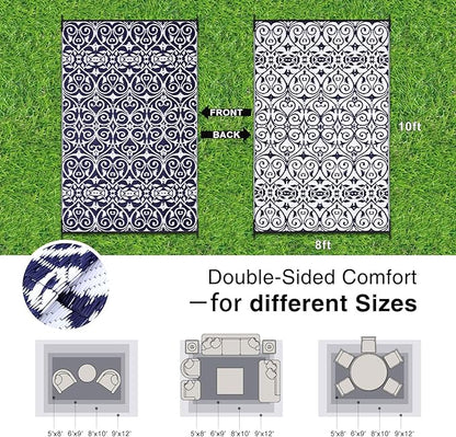 OLANLY Outdoor Rug Waterproof 8x10 ft Clearance, Reversible Outdoor Plastic Straw Rug with Floral Pattern, RV Mat for Patio, Camping, Balcony, Deck, Backyard, Navy & White