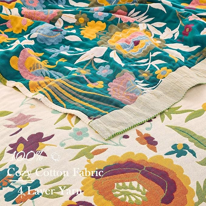 Boho Throw Blanket for Bed, 100% Cotton Soft Rustic Quilt Fall Blanket, 60"x80" Floral Printed Farmhouse Decor Bed Blankets, All Season Rustic Reversible Bohemian Throw Quilt