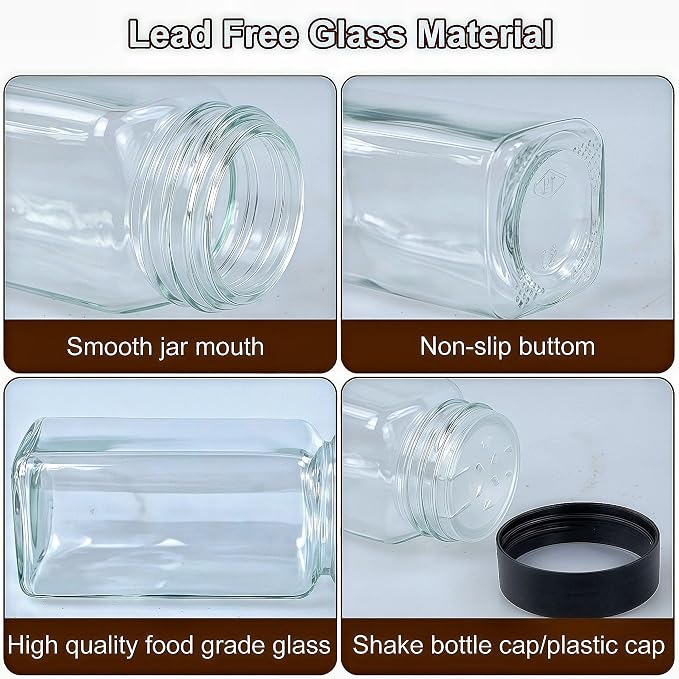 24 Spice Jars with Labels, 4oz Seasoning Jars for Cabinets, Drawers, Racks | Lead-free glass seasoning containers with black airtight lids, and they are dishwasher safe