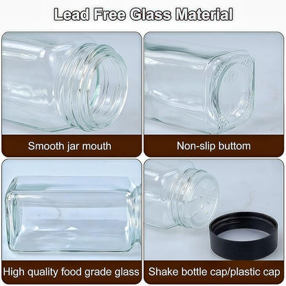 24 Spice Jars with Labels, 4oz Seasoning Jars for Cabinets, Drawers, Racks | Lead-free glass seasoning containers with black airtight lids, and they are dishwasher safe