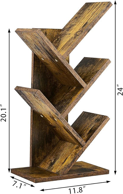 Hoctieon 4 Tier Tree Bookshelf, 4 Shelf Bookcase, Modern Book Storage, Free Standing Tree Bookcase, Utility Organizer Shelves for Home Office, Living Room, Bedroom, Rustic Brown