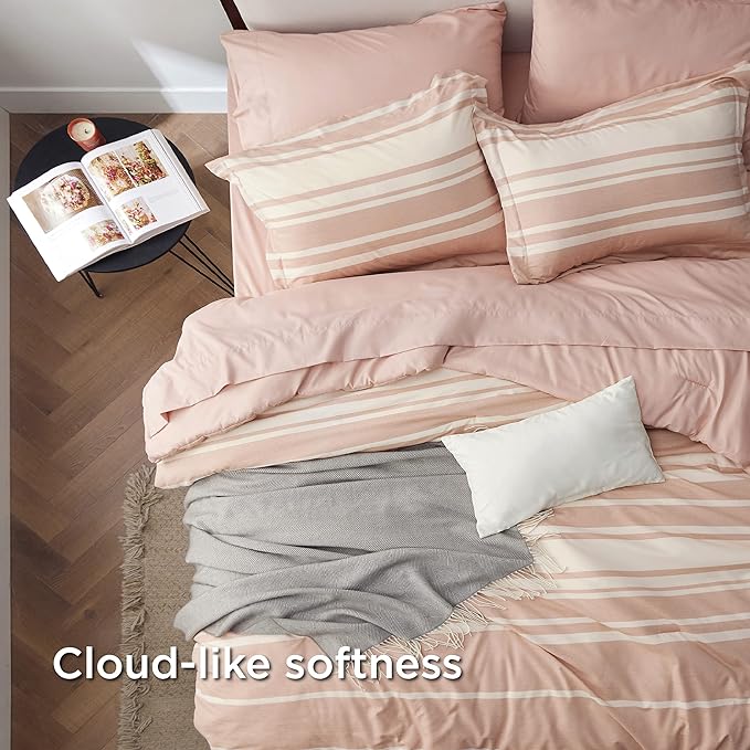 Bedsure Bed in a Bag Full Size 7 Pieces, Dusty Pink White Striped Bedding Comforter Sets All Season Bed Set, 2 Pillow Shams, Flat Sheet, Fitted Sheet and 2 Pillowcases