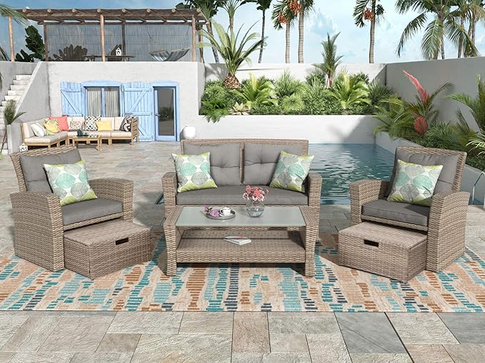 4-Piece Rattan Patio Furniture Sets, All Weather Outdoor Sectional Sofa Loveseat with Ottoman,Soft Cushions&Glass Table w/Shelf, Wicker Conversation Couch for Garden Backyard, Onesize, Gray