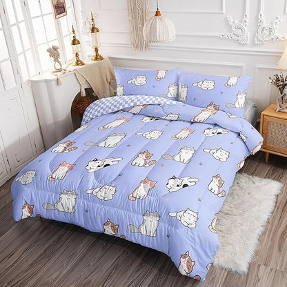 Datura home Purple Kawaii Cat Comforter Bedding Set for Girls Kitten Purple Print Cute Animal Pattern Bedding Set with 1 Comforter and 2 Pillowcases for Girls Bedroom All Season(Cat Purple Full)