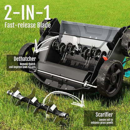 14-Inch Lawn Scarifier and Dethatcher, Powerful 13-Amp Electric Tool with 10.5 Gal Collection Bag, Adjustable Depth Settings & Safety Lock System