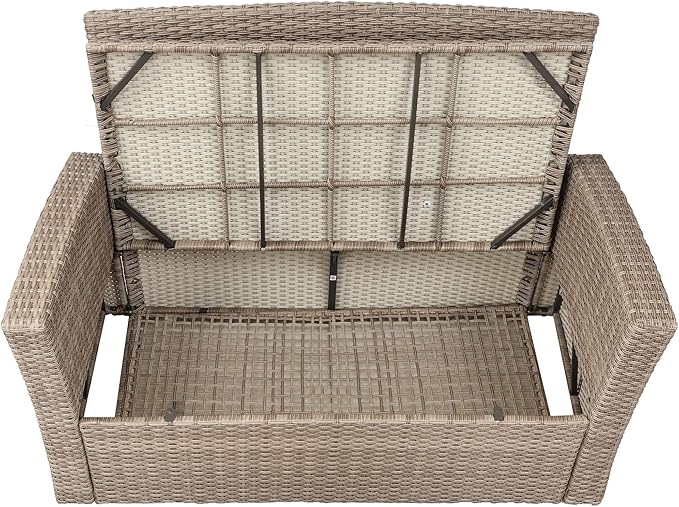 4-Piece Rattan Patio Furniture Sets, All Weather Outdoor Sectional Sofa Loveseat with Ottoman,Soft Cushions&Glass Table w/Shelf, Wicker Conversation Couch for Garden Backyard, Onesize, Gray