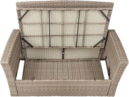 4-Piece Outdoor Patio Furniture Sets, All Weather Wicker Sectional Sofa Loveseat with Ottoman, Soft Cushions&Glass Table w/Shelf, Conversation Couch for Garden Backyard Poolside Deck, Gray