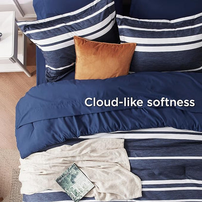 Bedsure Bed in a Bag Queen 7 Pieces - Navy & White Striped Comforter Set Queen All Season Bed Set, Bed Set Queen Size with 1 Comforter, 1 Flat Sheet, 1 Fitted Sheet, 2 Pillowcases & 2 Shams