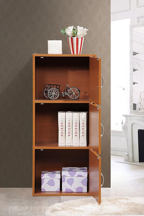 HODEDAH 3 Door Bookcase Cabinet, Cherry