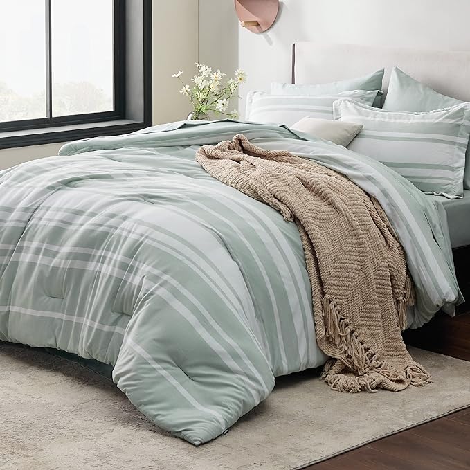 Bedsure Bed in a Bag King Size 7 Pieces, Sage Green White Striped Bedding Comforter Sets All Season Bed Set, 2 Pillow Shams, Flat Sheet, Fitted Sheet and 2 Pillowcases