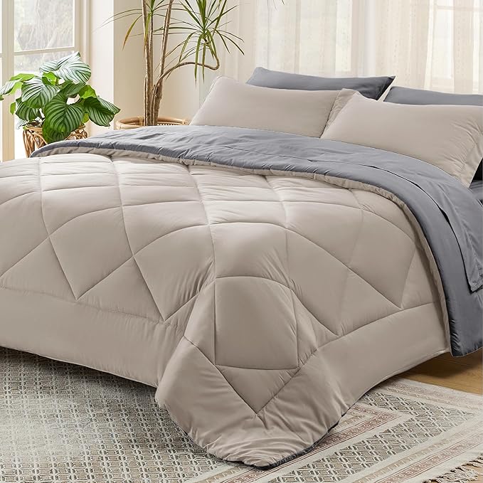 Bedsure Beige King Comforter Set - 7 Pieces Reversible Bed Set Bed in a Bag King with Comforters, Sheets, Pillowcases & Shams, King Bedding Sets