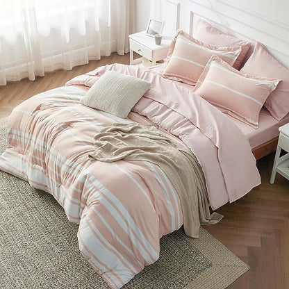 Bedsure Pink Comforter Set Full 7 Pieces, Light Pink White Striped Bedding Sets All Season Bed Set, 2 Pillow Shams, Flat Sheet, Fitted Sheet and 2 Pillowcases