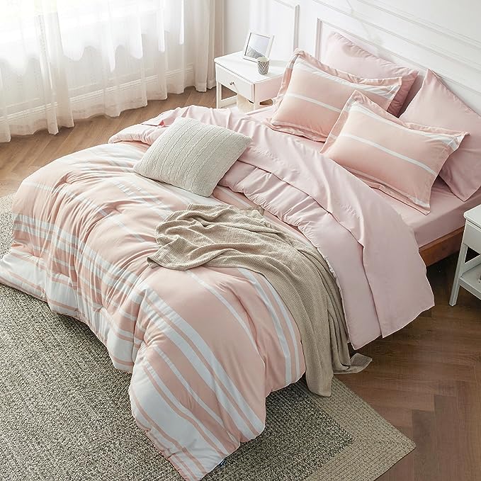 Bedsure Bed in a Bag Twin Size 5 Pieces, Light Pink White Striped Bedding Comforter Sets All Season Bed Set with 1 Pillow Sham, Flat Sheet, Fitted Sheet and 1 Pillowcase
