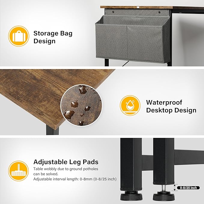 HealSmart Writing Study Worktable for Bedroom Small Desk, Modern Simple Style PC Table with Storage Bag, 40 Inch, Brown-New Version