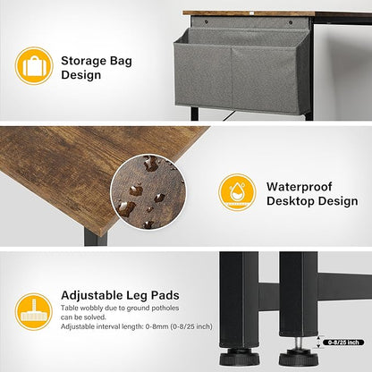 HealSmart Writing Study Worktable for Bedroom Small Desk, Modern Simple Style PC Table with Storage Bag, 40 Inch, Brown-New Version