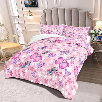 Kids Butterfly Comforter Set - Butterfly Full Bedding Set Pink Butterflies Prints Bedding Set for Girls Room Cute Princess Bedding Sets for All Season Butterfly Bed Set, 1 Comforter + 2 Pillowcases
