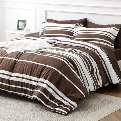 Bedsure Bed in a Bag Twin Size 5-Piece Brown White Striped Bedding Comforter Sets All Season Bed Set with 1 Pillow Sham, Flat Sheet, Fitted Sheet and 1 Pillowcase
