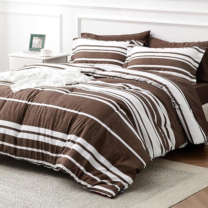 Bedsure Bed in a Bag California King Size 7-Piece Brown White Striped Bedding Comforter Sets All Season Bed Set, 2 Pillow Shams, Flat Sheet, Fitted Sheet and 2 Pillowcases