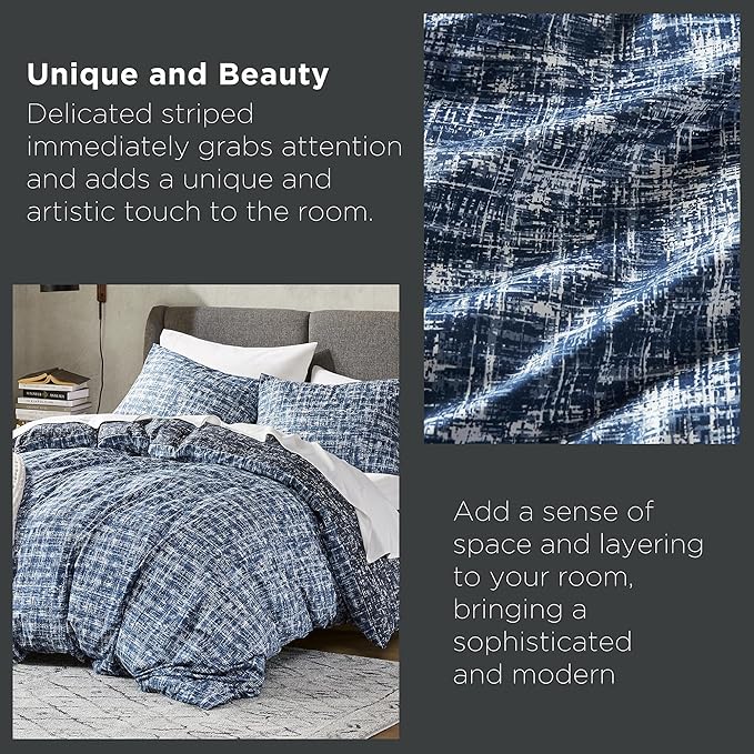 Hyde Lane Blue Full/Queen Comforter Set for Men, Modern Farmhouse Aesthetic Soft Bedding, Masculine Plaid Lines Pattern Bed Sets for All Season, 3 Pieces includes 1 Comforter, 2 Shams (90"x 90")