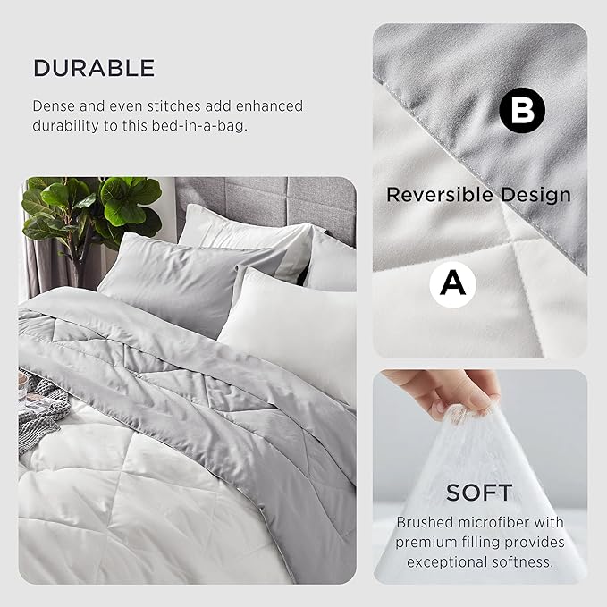 Bedsure Ivory King Size Comforter Set - 7 Pieces Reversible King Bed in a Bag, King Bed Set Ivory and Grey with Comforters, Sheets, Pillowcases & Shams