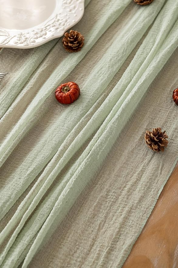 6pcs Cheesecloth Table Runner Sage Green Gauze 120 Inch 10 FT Rustic Boho Cheese Cloth Runner for Wedding Baby Shower Bridal Shower Party Long Sheer Centerpiece Home Decoration