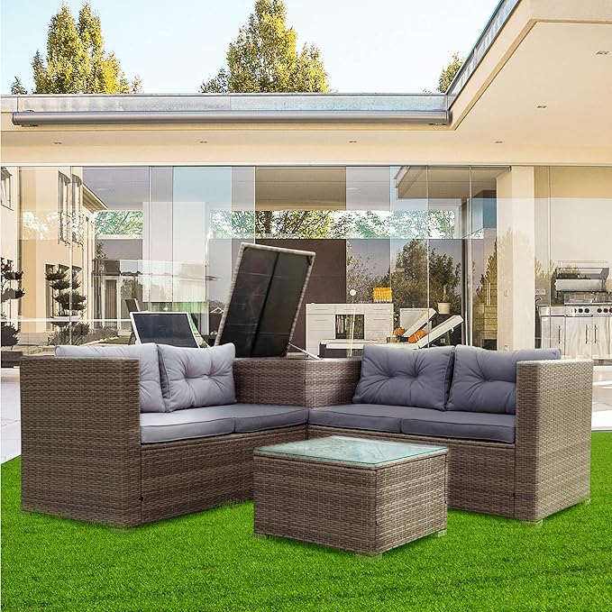 4-Piece Patio Furniture Outdoor Sofa Set, Wicker Sectional Loveseat Couch with Large Storage Box and Glass Table, for Garden Backyard Porch, 1, Gray