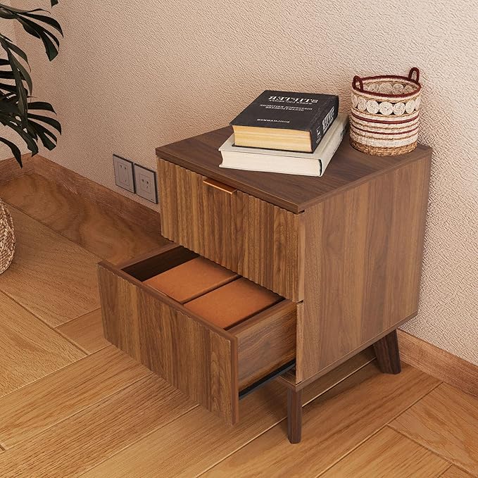 Fluted Nightstand Set of 2, Mid Century Modern 2 Drawer Dresser for Bedroom, Small Dresser Night Stand Side Table End Table with Wood Fluted Drawer Storage for Bedroom Closet(Walnut)