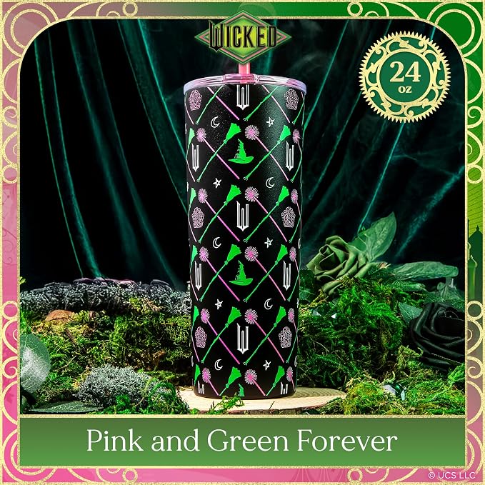 Dragon Glassware x Wicked Stainless Steel Tumbler with Straw, 24 oz - Green | Vacuum Insulated Wicked Cup with Lid & Straw For Water & Iced Tea; Official Wicked Merch