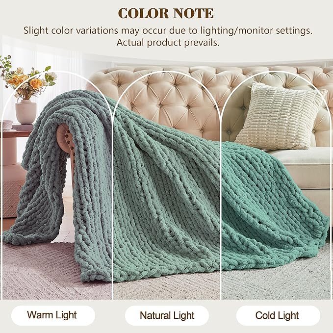 Carriediosa Chunky Knit Throw Blanket 60" X 80" Twin, 100% Hand Made Large Chenille Loop Yarn Soft Fluffy Throws for Couch Sofa Bed, Big Crochet Cozy Heavy Thick Cable Woven Blankets, Sage Green