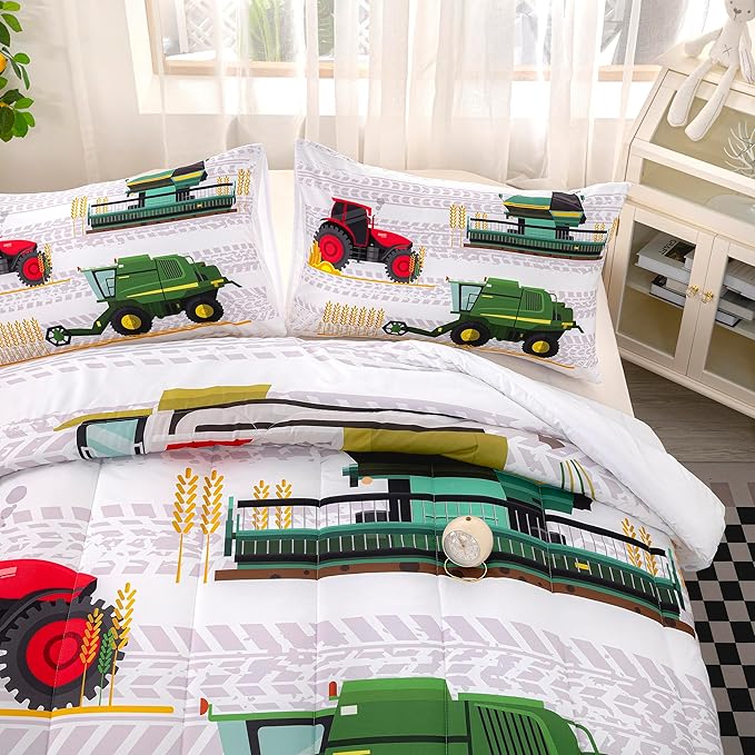 CVHOUSE Tractor Bedding Sets for Boys,Excavators Comforter Full,Boys Cartoon Truck Comforter Set,Trucks Tractors Cars Quilt Set with 1 Comforter and 2 Pillow Cases- 3 Piece