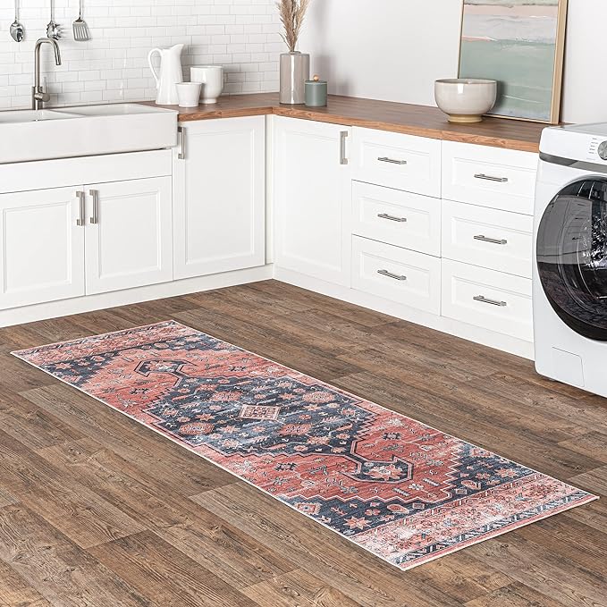 nuLOOM Medallion Bordered Machine Washable Ultra Thin Runner Rug, 2' 6" x 6', Rust