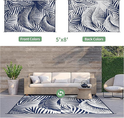 GENIMO Outdoor Rug 5' x 8' Waterproof for Patio Clearance, Reversible Plastic Straw Camping Carpet, Lightweight Mats for Rv, Backyard, Deck, Porch, Picnic, Beach, Balcony, Blue & White