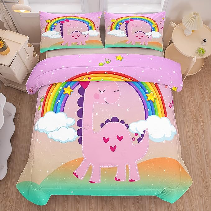 Tailor Shop Dinosaur Girls Comforter Set Queen Size,Rainbow Pink Dinosaur Bedding Set,Cartoon Dino Comforter Sets for Kids Teens，Dinosaur Bed Set,with 1 Comforter 2 Pillowcase