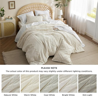 Bedsure Boho Comforter Set Full - Beige Tufted Bedding Comforter Set, 3 Pieces Farmhouse Shabby Chic Embroidery Bedding Set, Soft Geometric Pattern Comforter for All Seasons