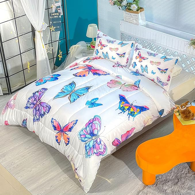 CVHOUSE Butterfly Bedding Set,Butterfly Comforter King,Butterfly Comforter Set for Girls Kids Teens,Butterflies Quilt Set with 1 Comforter and 2 Pillow Cases
