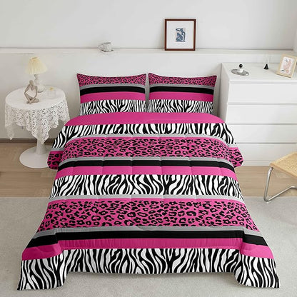 Zebra Stripes Comforter Leopard Print Comforter Set For Kids Boys Girls Pink Black White Zebra Leopard Fur Bedding Set Ultra Soft Decor Wild Animal Skin Texture Pattern Duvet Set King Size Quilt Set