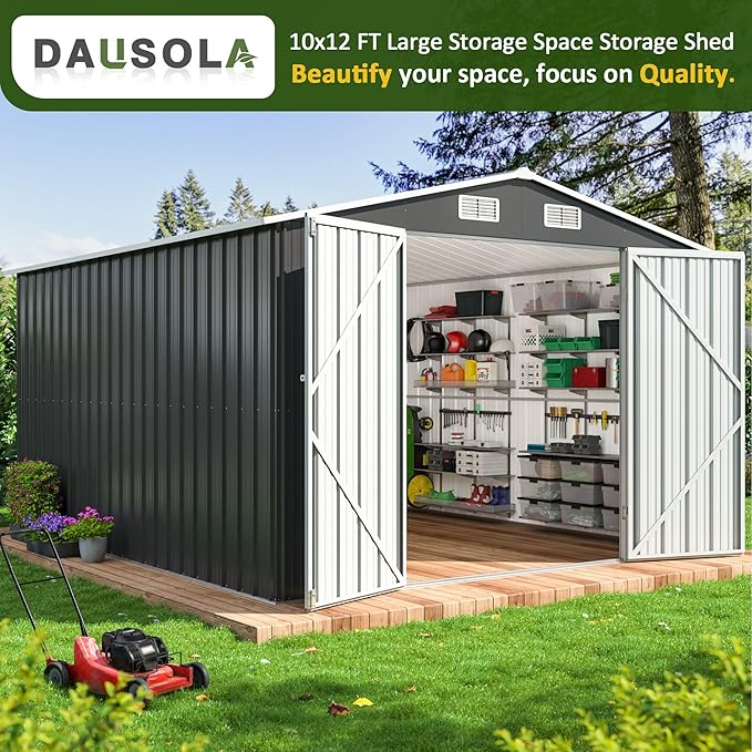 10x12 FT Outdoor Storage Shed, Metal Garden Tool Shed with Updated Frame Structure and Lockable Doors, Ideal for Backyard Garden Patio Lawn, Grey