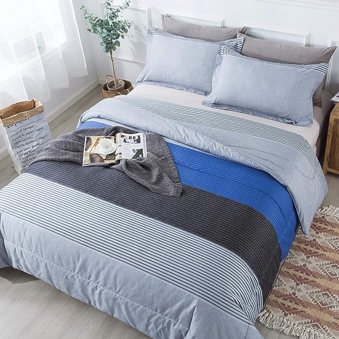 Andency Stripe Comforter Set Queen Size (90x90 Inch), 3 Pieces Gray and Blue Patchwork Striped Comforter, Soft Microfiber Down Alternative Comforter Bedding Set with Corner Loops