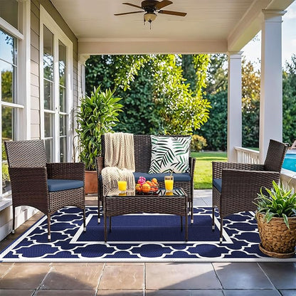 GENIMO 5' x 8' Outdoor Rug Waterproof for Patio Fall Decor, Foldable Reversible Plastic Straw Area Rugs Mat for Camper, Outside Carpet for Rv, Deck, Porch, Picnic, Beach, Balcony, Blue & White