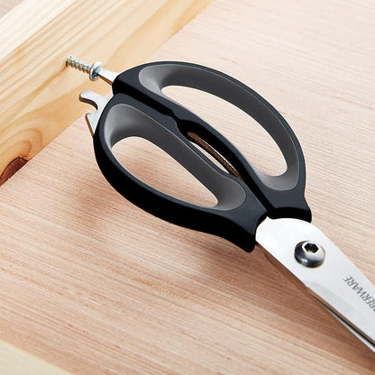 Farberware 4-in-1 Kitchen Shears with Sheath, High-Carbon Stainless Steel Scissors with Bottle Opener, Jar Opener and Screwdriver, Grey and Black Ergonomic Handle