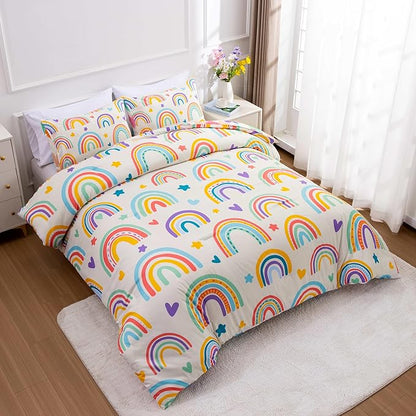 Btargot 3 Piece Kids Rainbow Comforter Set with 2 Pillow Covers, Cartoon Love Hearts Suns and Stars Bedding Set for Girls Boys Kids, Twin Beige
