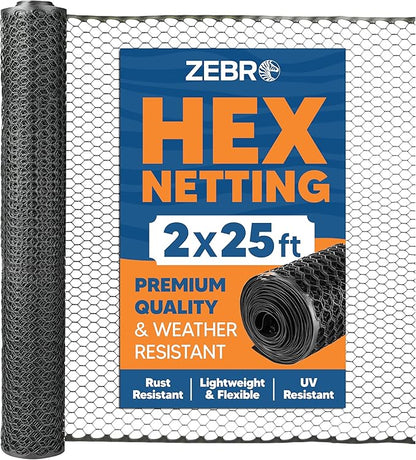 Plastic Hex Chicken Wire Mesh Garden Fence Roll (2' x 25' - Black) - Versatile Poultry Netting and Garden Fence for Temporary or Semi-Permanent Enclosures, Deer Fencing, and Construction Barriers