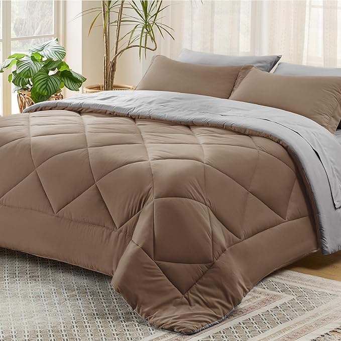 Bedsure Brown California King Size Comforter Set - 7 Pieces Reversible California King Bed in a Bag, California King Brown and Grey Bed Set with Comforters, Sheets, Pillowcases & Shams