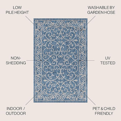 JONATHAN Y Vintage Filigree Indoor Outdoor Round Area Rug 4 Ft Navy/Gray, Charleston Textured Weave for Backyard, Patio, Porch, Easy-Cleaning, High Traffic, Pet-Friendly, Non-Shedding (SMB106D-4R)