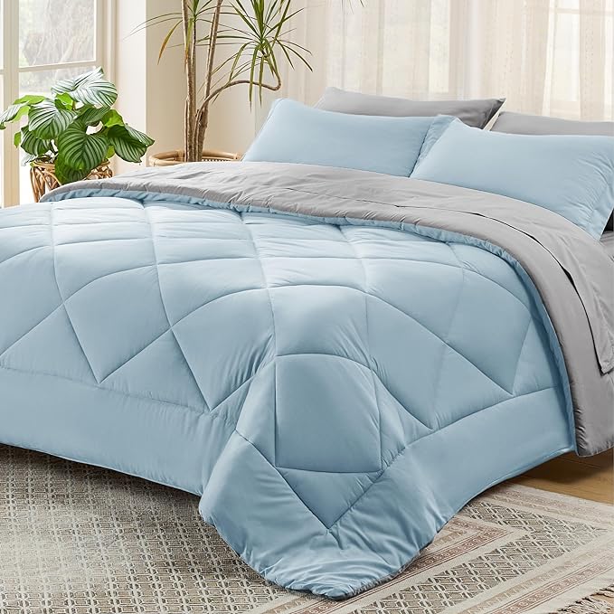 Bedsure Sky Blue King Size Comforter Set - 7 Pieces Reversible King Bed in a Bag King Bed Set with Comforters, Sheets, Pillowcases & Shams, King Bedding Sets